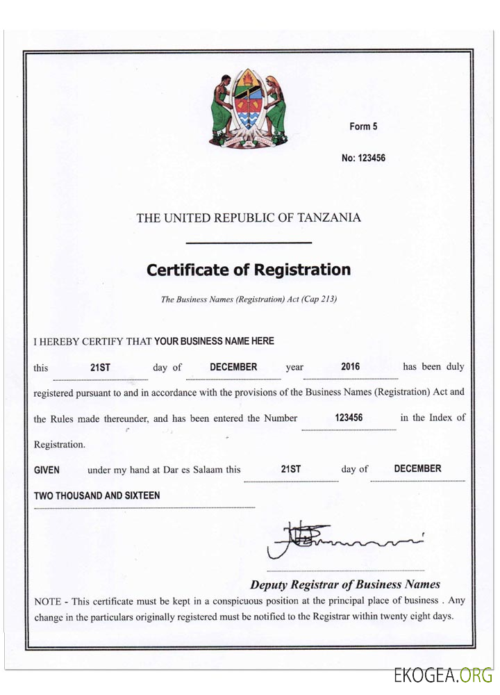 TANZANIE entreprise reg. certificat